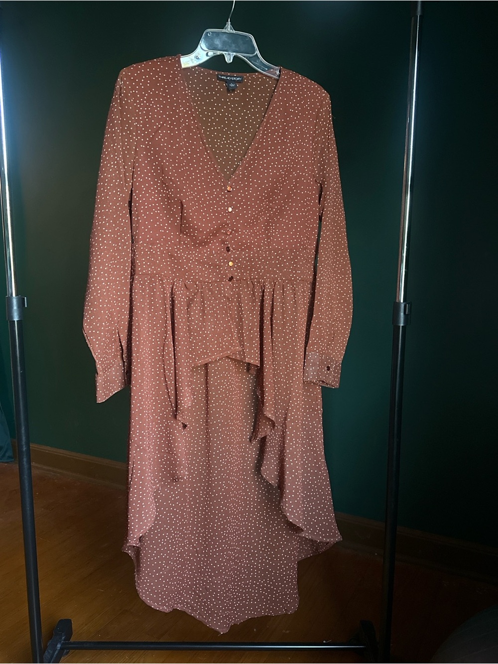 Rust Polka Dot V-Neck High-Low Blouse Dress